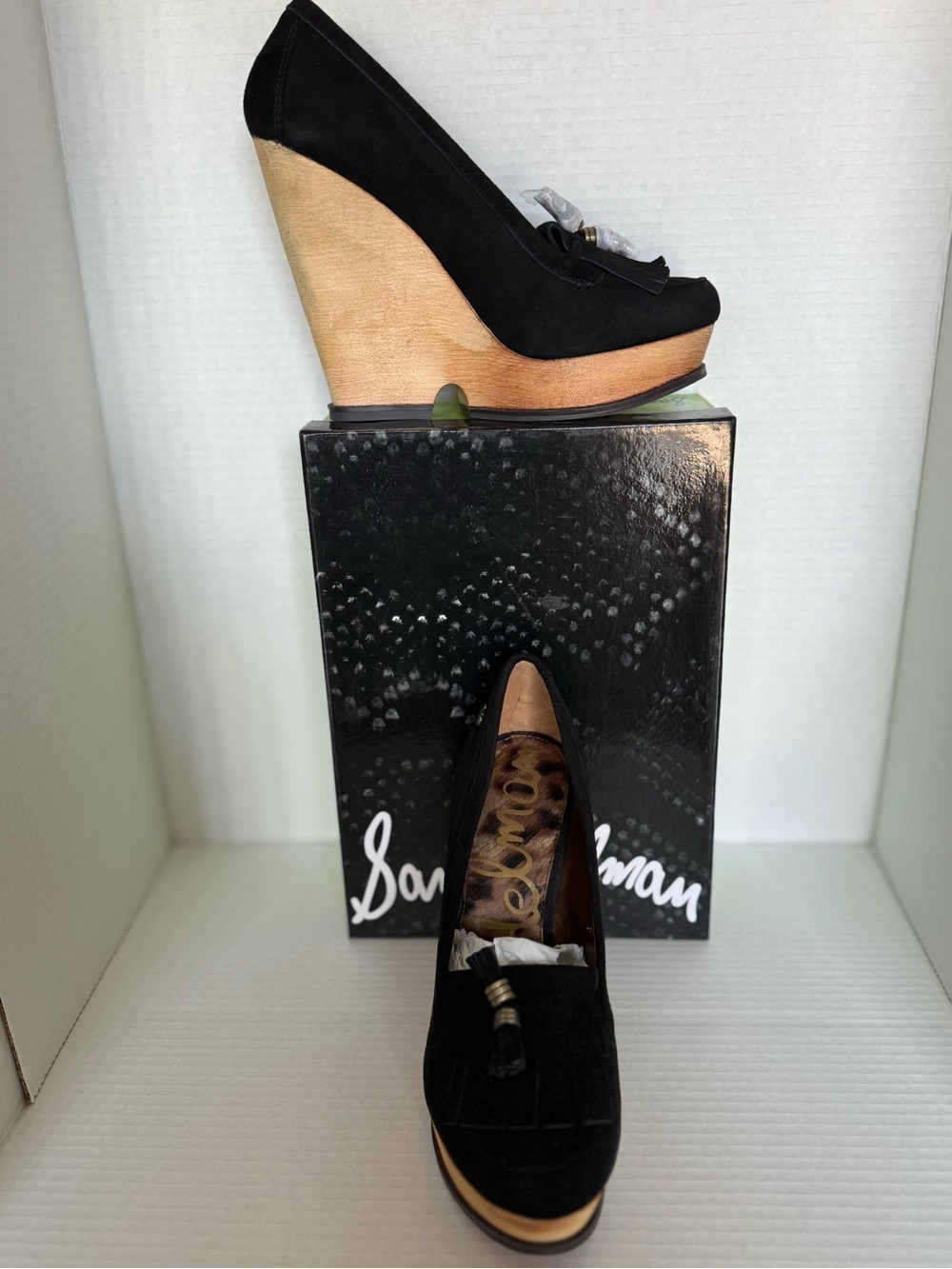 Sam Edelman Black Suede Wedge Loafers with Tassel